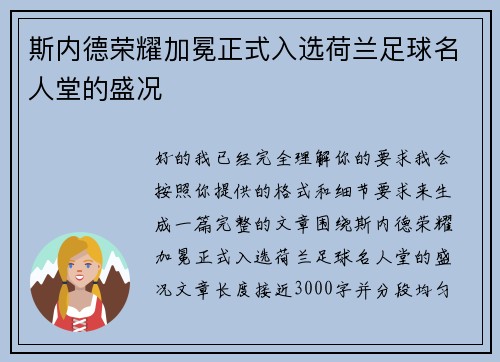 斯内德荣耀加冕正式入选荷兰足球名人堂的盛况 斯内德荣耀加冕正式入选荷兰足球名人堂的盛况